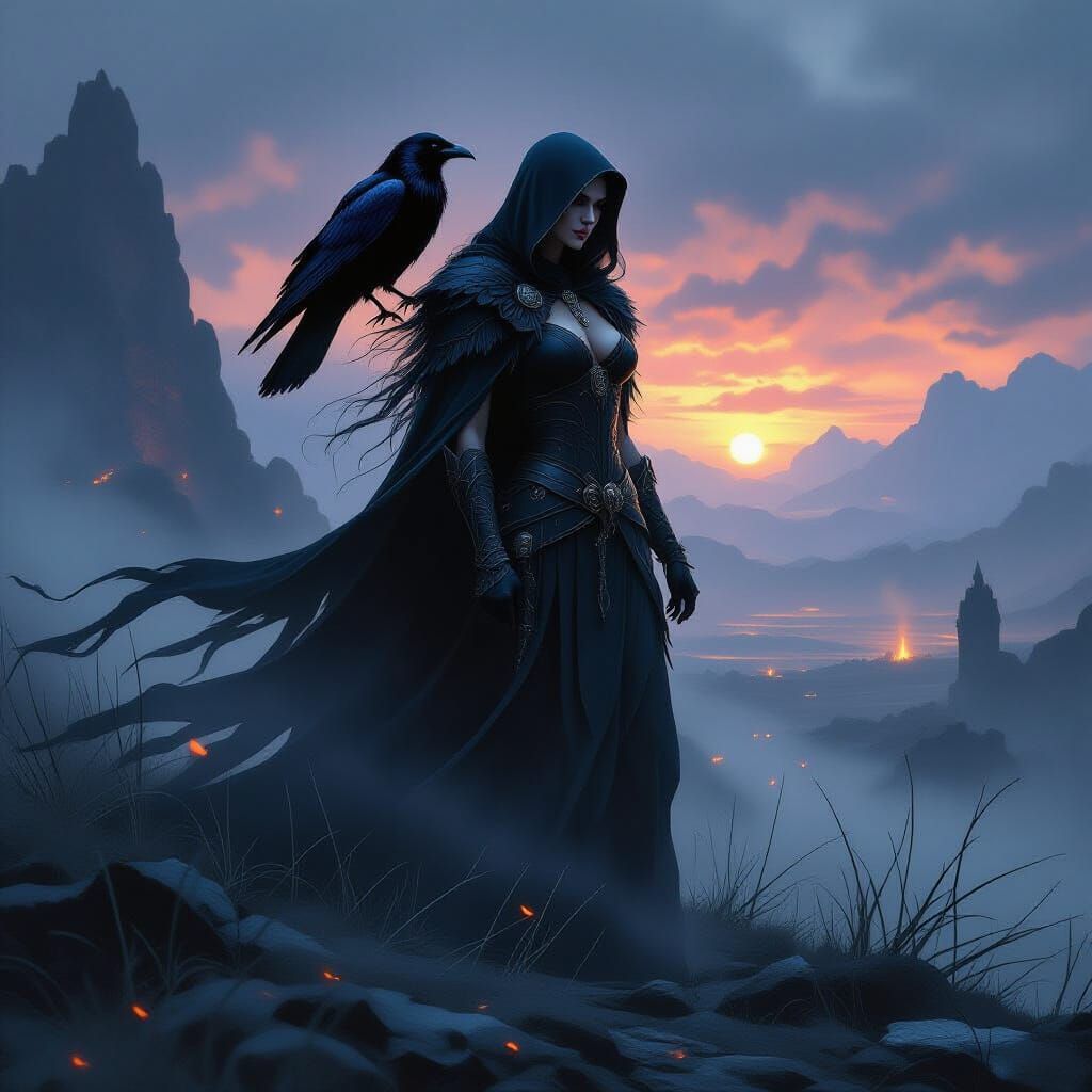 The Morrigan, Celtic Goddess of War, at Twilight Battlefield