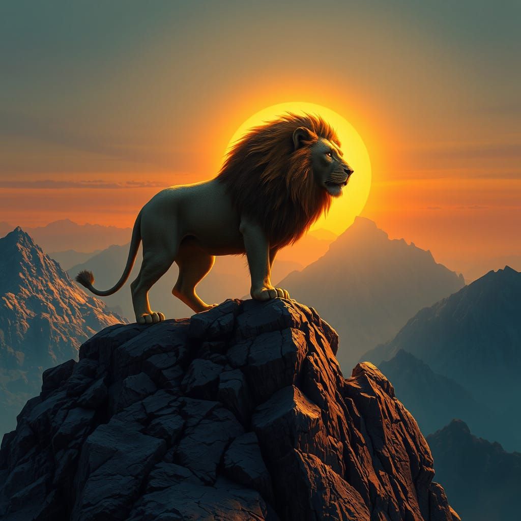 Majestic Lion Triumphant in Golden Sunset