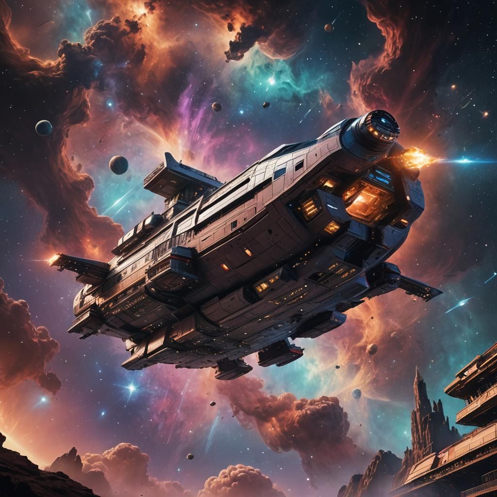 Sci-Fi Cruise Liner in Nebula, Detailed Matte Painting