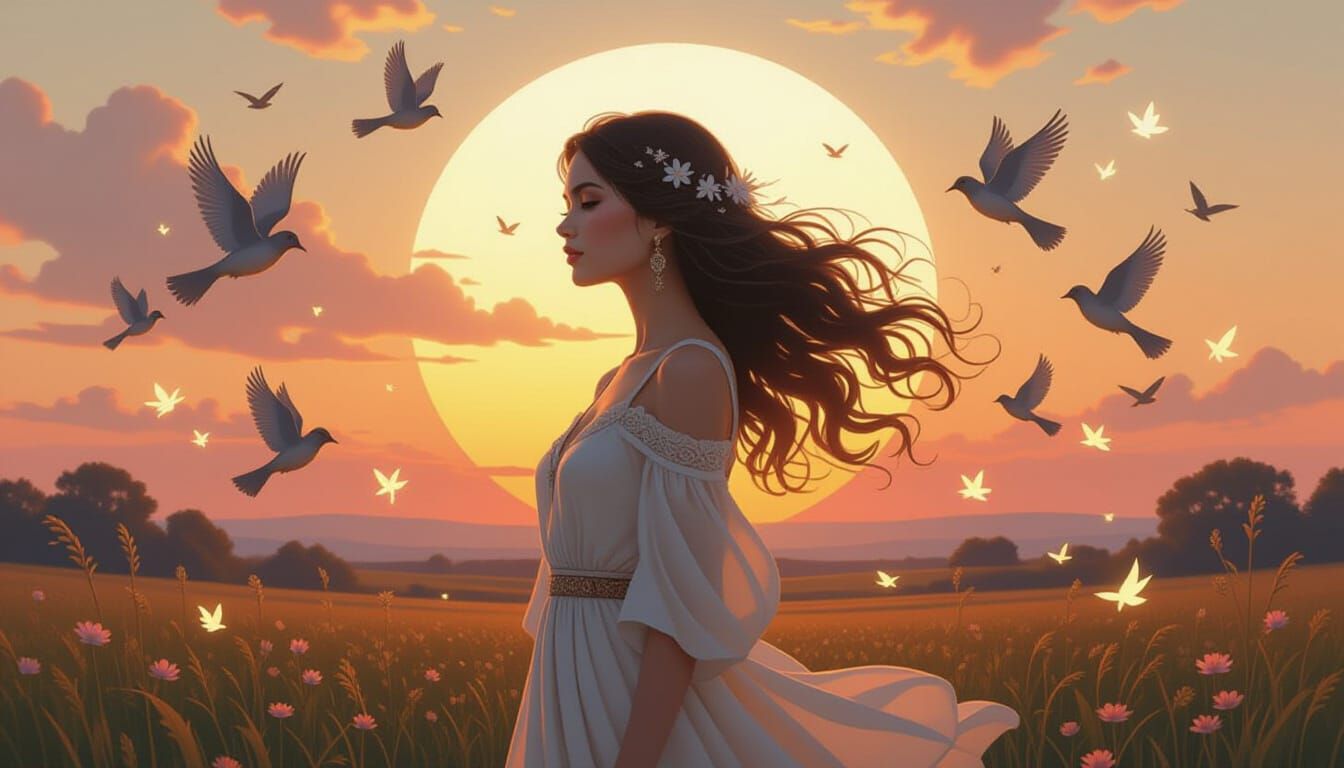 Sunset Woman Surrounded by Mythical Creatures