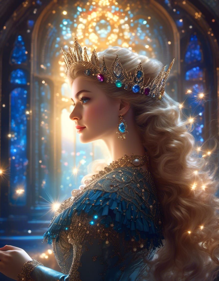 Fantasy Woman with Multicolored Hair and Castle View