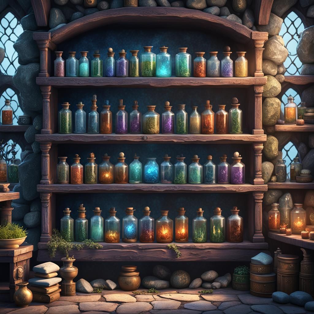 Magic Shop Shelf with Potions and Spell Books