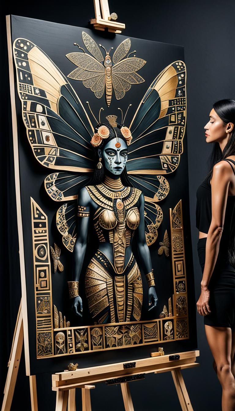 Obsidian Butterfly Goddess: Aztec Deity in Cubist Style