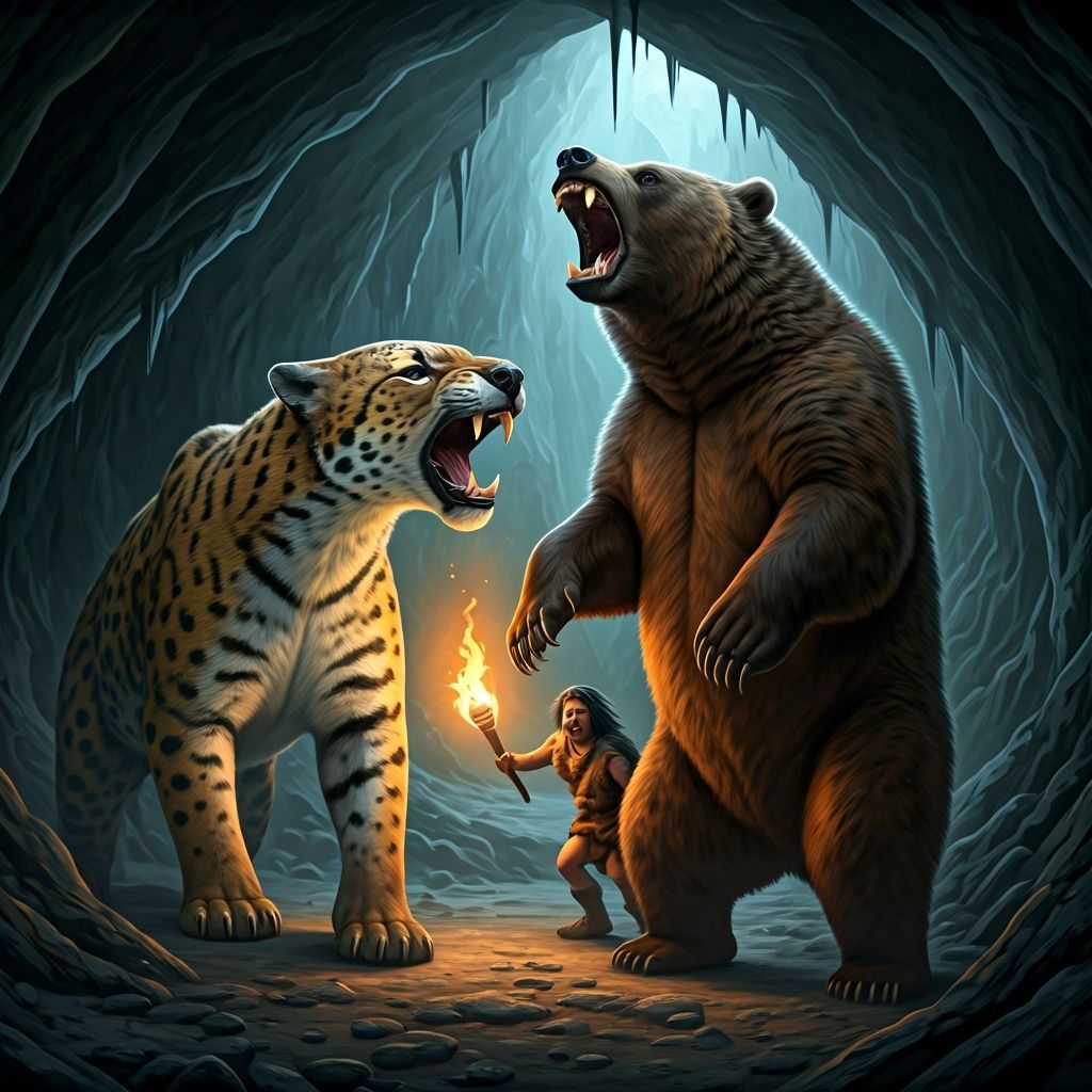 Smilodon and Cave Bear Standoff in Dramatic Lighting