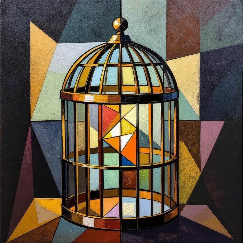 Cubist Birdcage Sculpture Reflecting Light