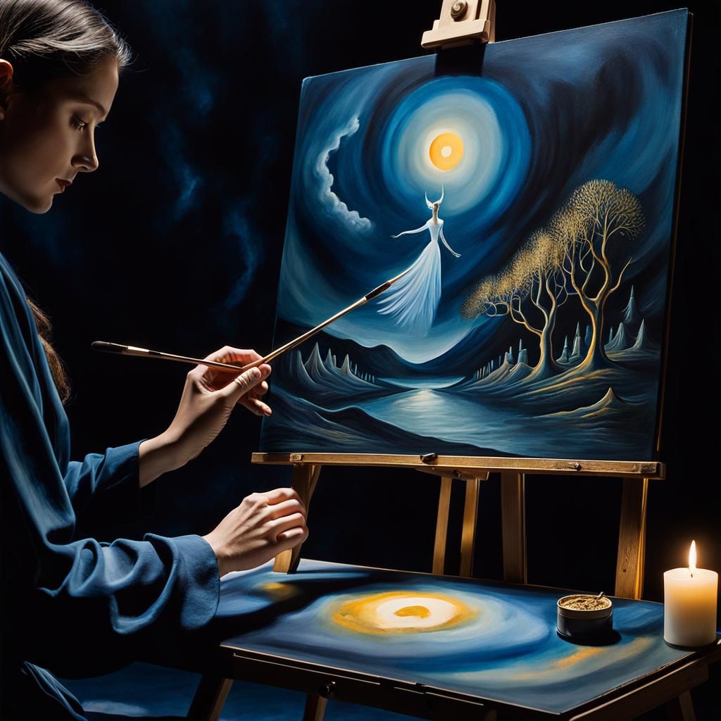 Surrealist Painting on Easel in Biometric Watercolor Style