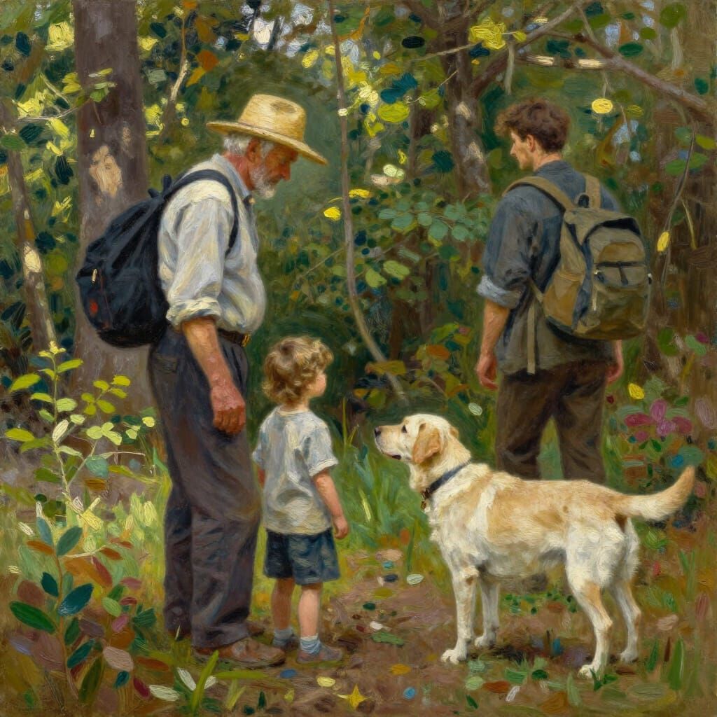 Elderly Man and Child in Forest with Dog, Impressionistic St...