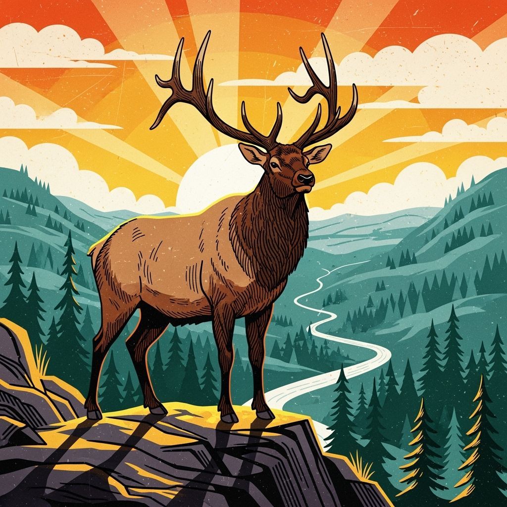 Elk on Rocky Precipice in Vintage Style