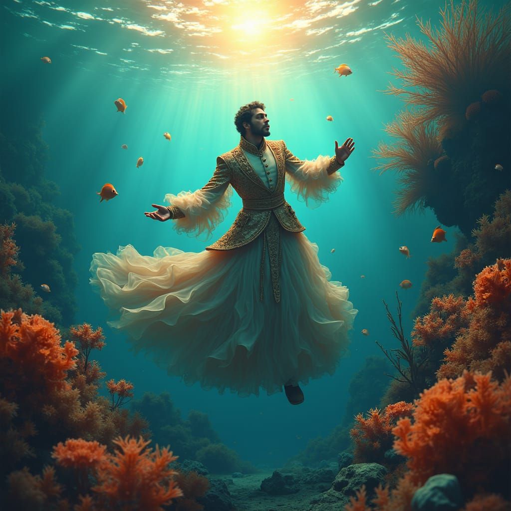 Ornate Man Sinking in Ocean with Bioluminescent Fish