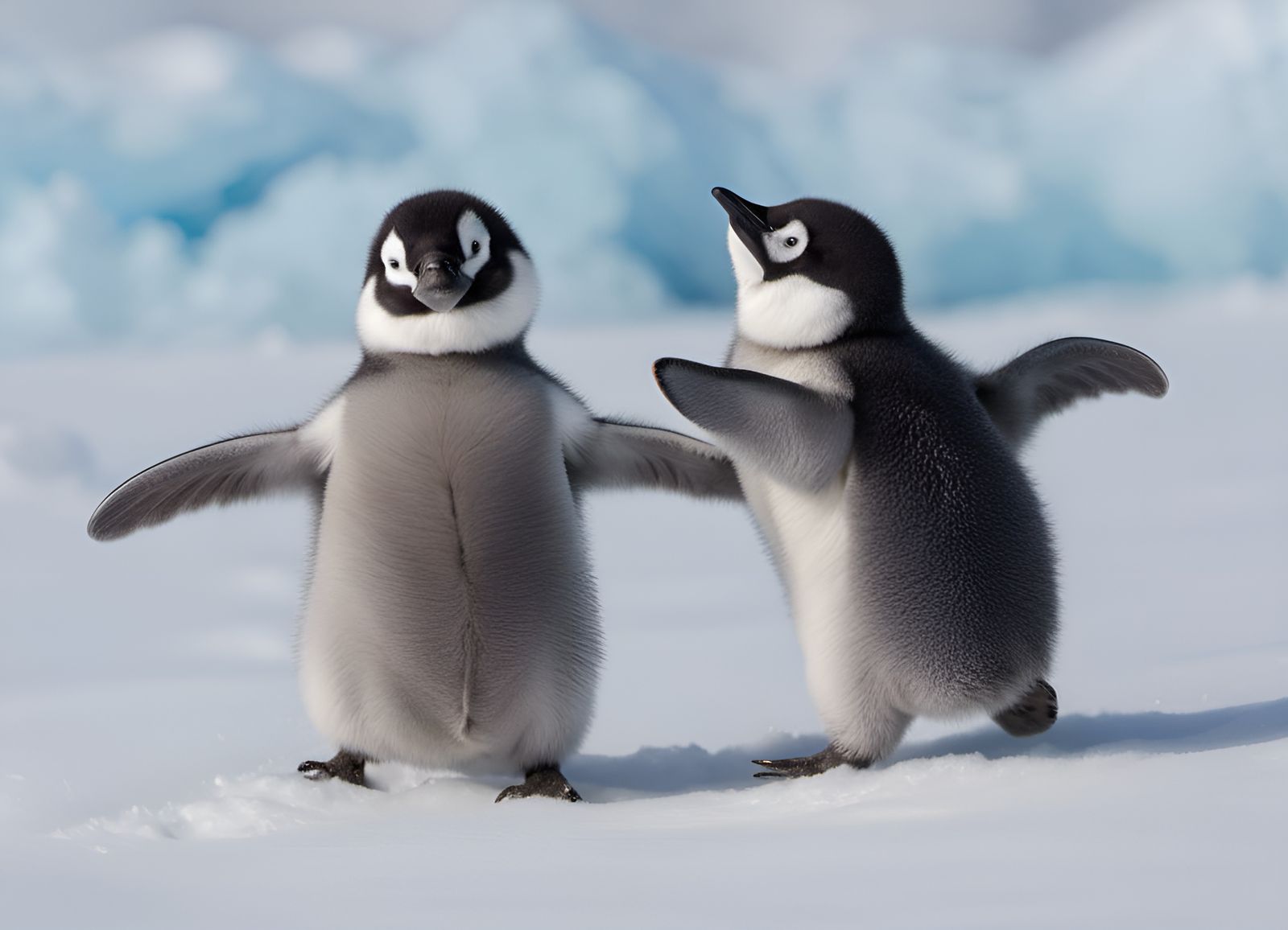 Comedic Baby Penguin Dance in Snowy Portrait