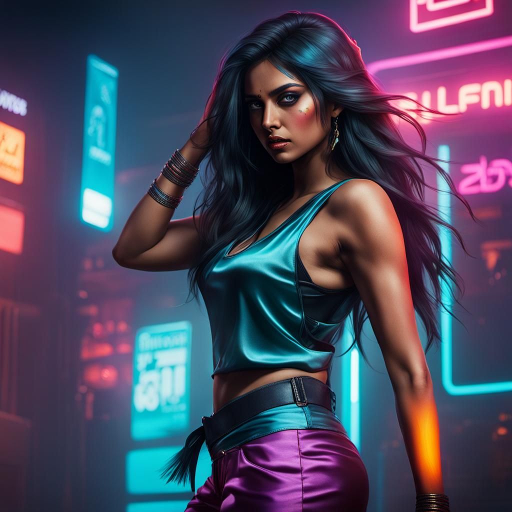 Cyberpunk Indian Woman in Neon Cityscape