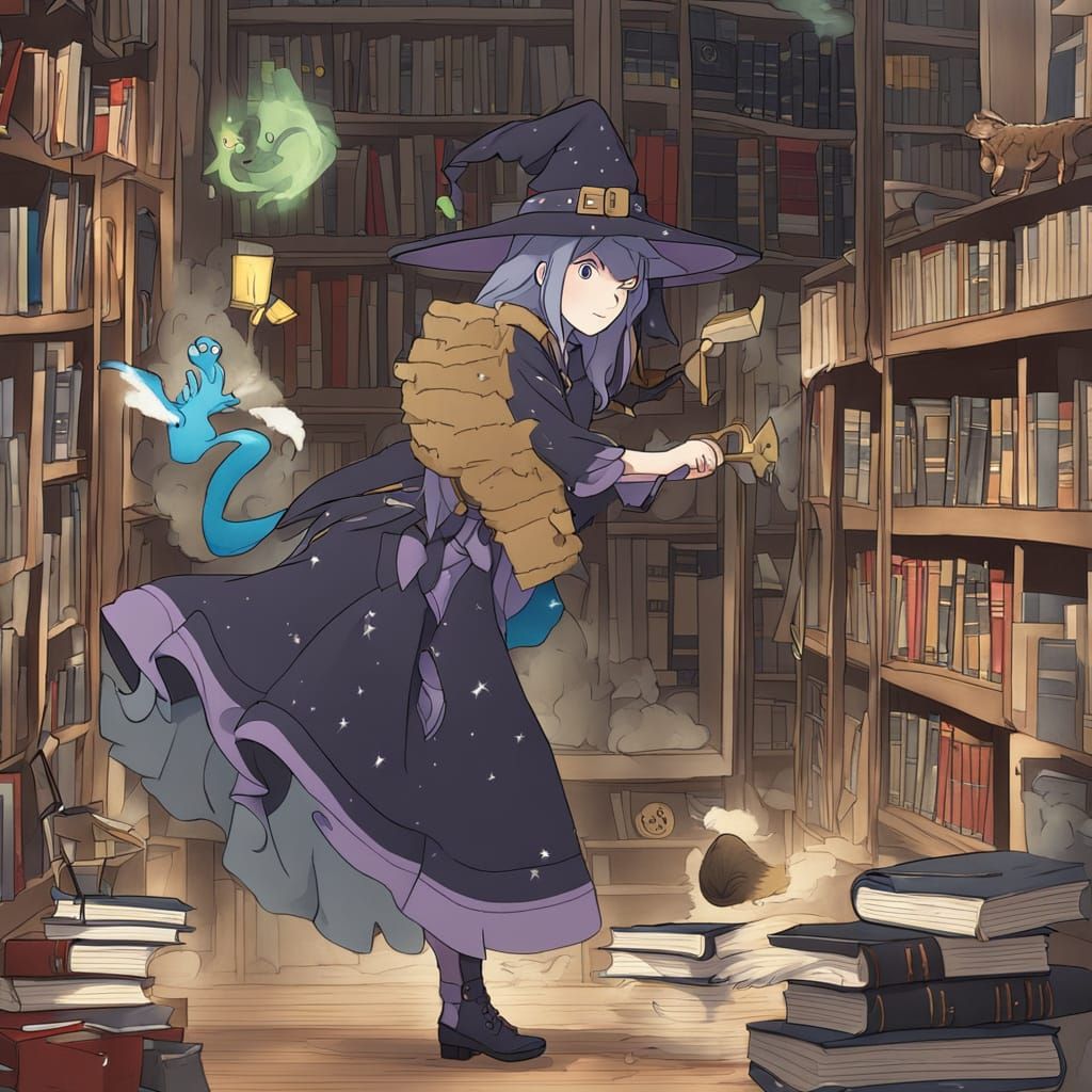 Witch and Familiar Dusting a Magical Library