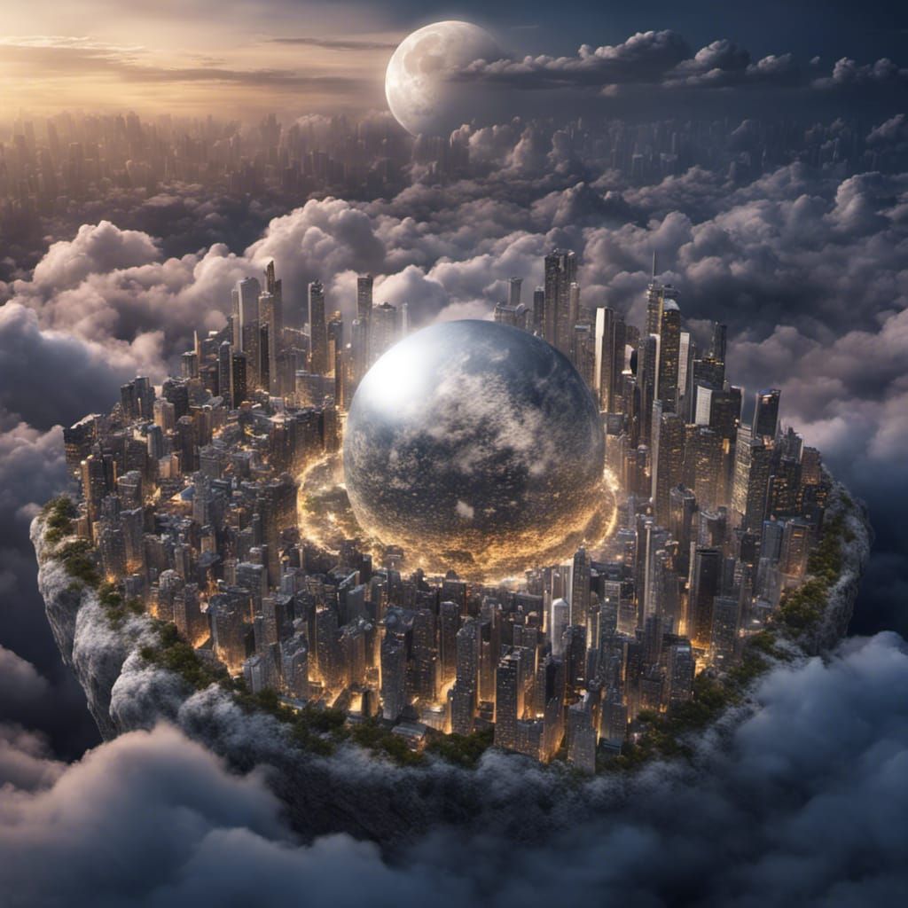 Floating Crystalline City Under Moonlight: Hyperrealistic Vi...