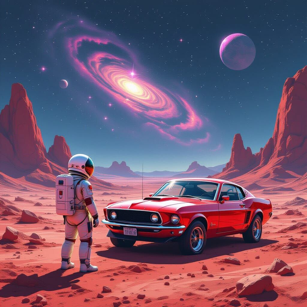 Astronaut and Mustang on Alien Planet