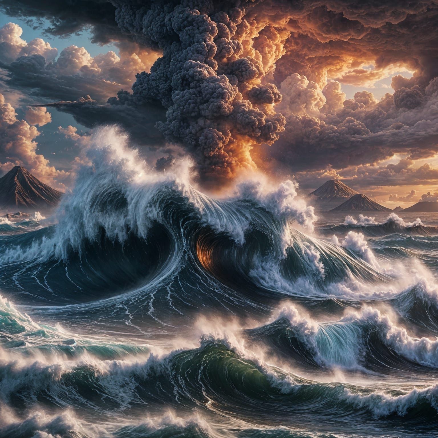 Epic Tsunami Wave with Volcano, in 3D Anime Style