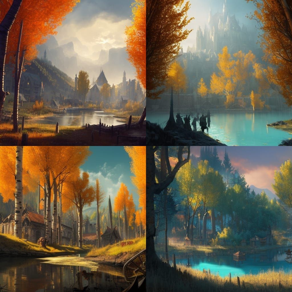 Medieval City in Golden Aspen Forest, Fantasy Art