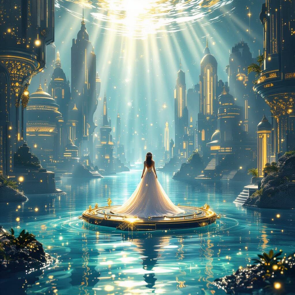 Futuristic Sunken City with Princess in Digital Art Style