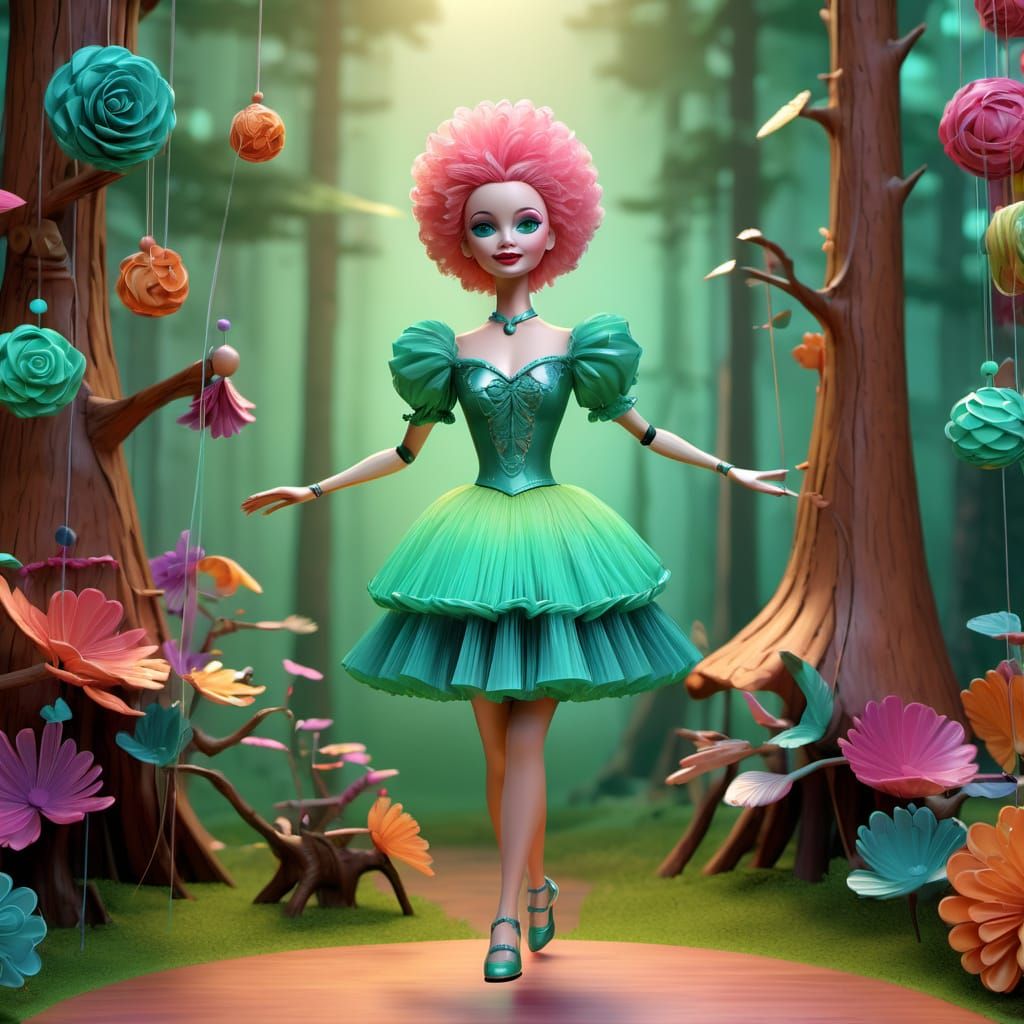 Whimsical Marionette Dances Under Starry Forest Skies