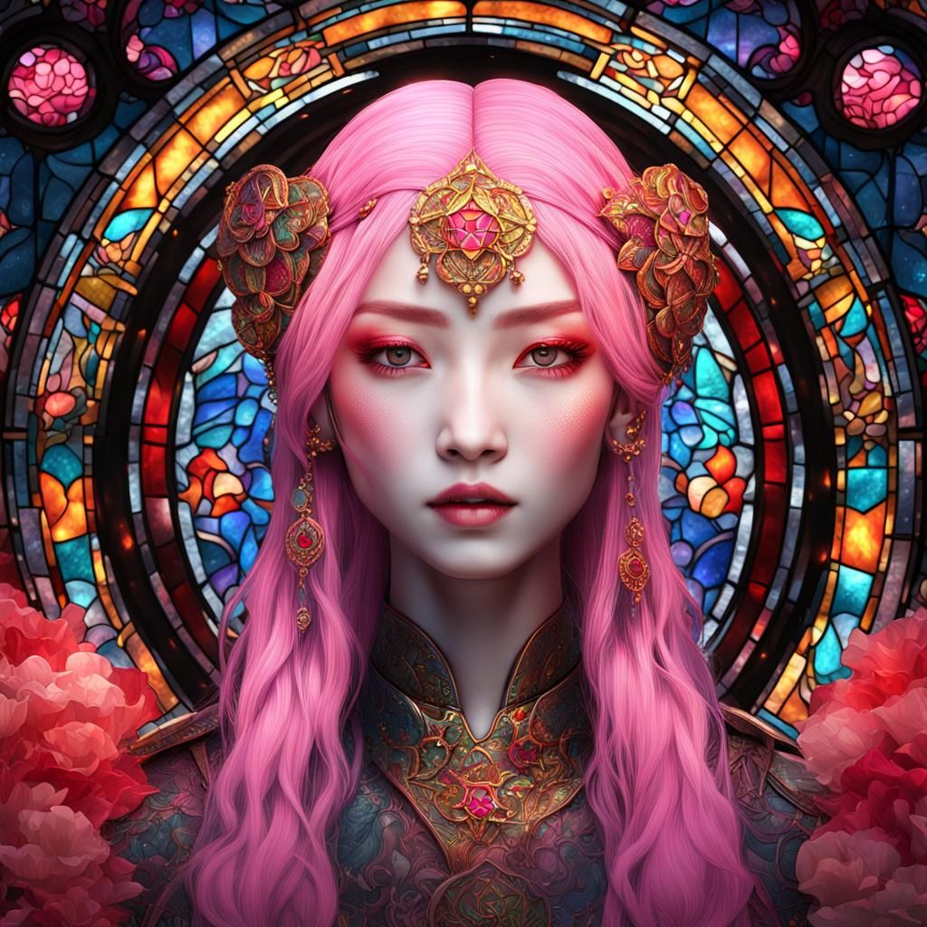 Stained Glass 3D Rendering of Asian Man