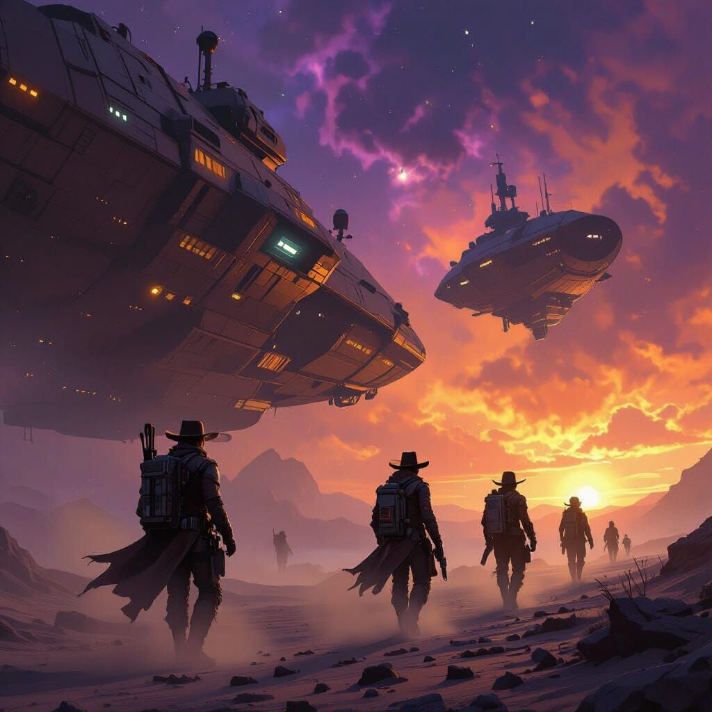 Rugged Spacemen in Cowboy Attire Exploring Space