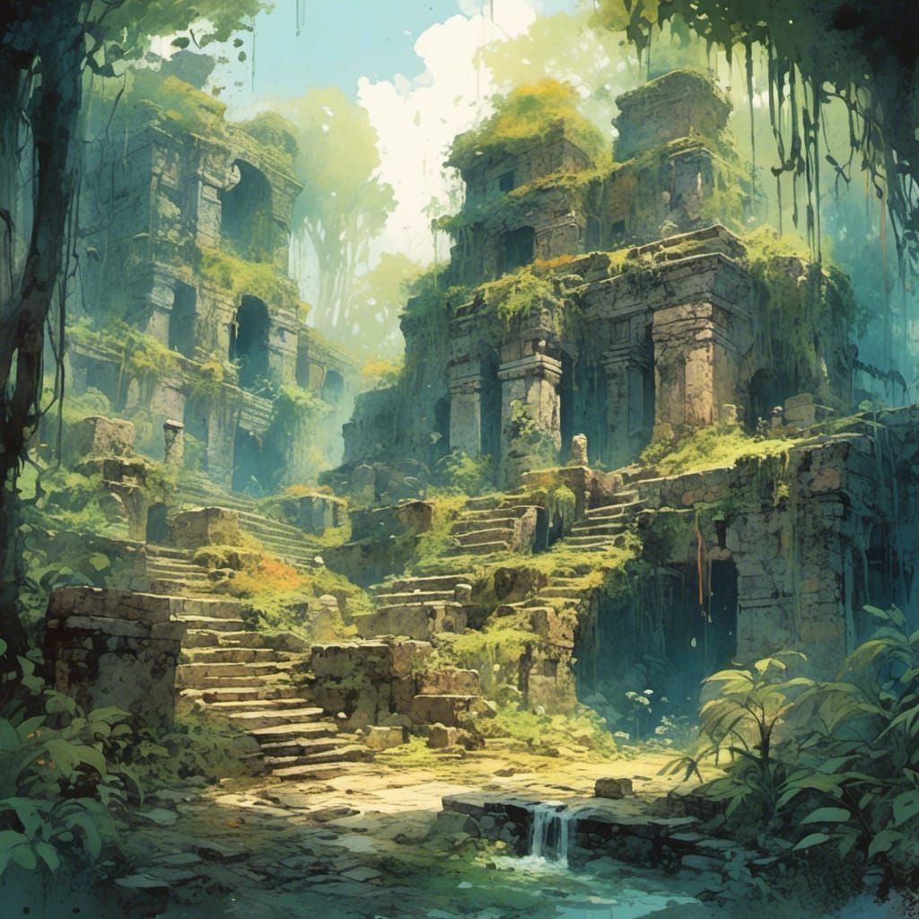 Old Ruind Mayan City Buildings In The Jungle