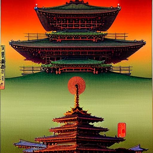 Pagoda art nouveau rococo architecture hyperdetailed intricately detailed volumetric lighting Ukiyo-e Zdzisław Beksiński...