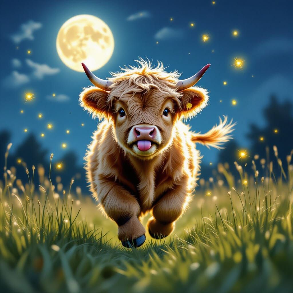 Highland Calf Plays with Fireflies Under Moonlight