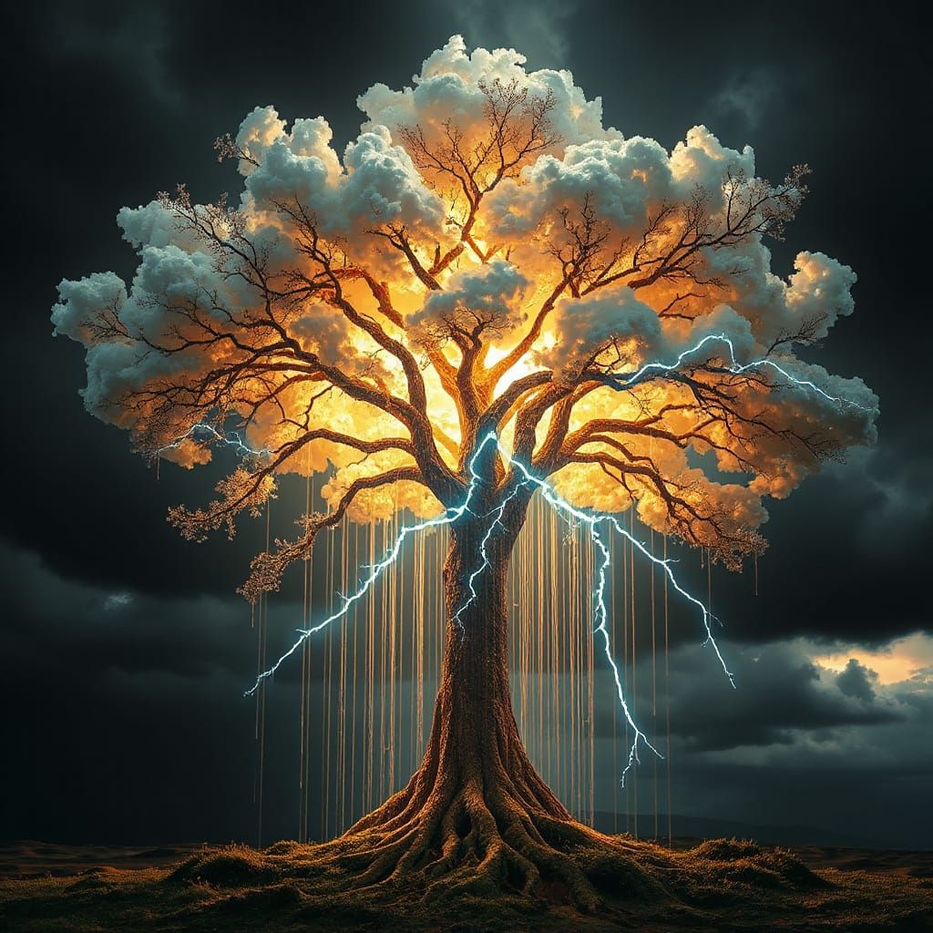 Dreamlike Tree of Golden Radiance in Stormy Skies