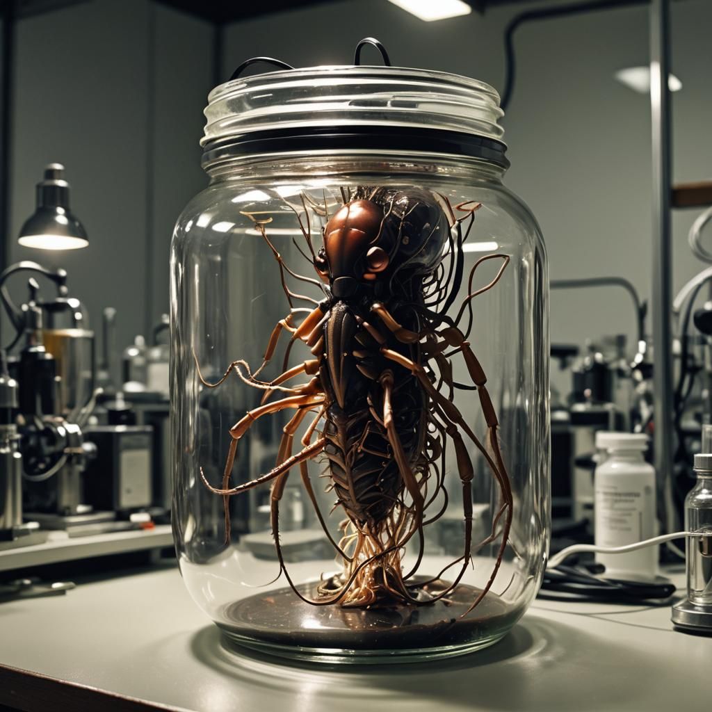 Head in Jar with Insectoid Figure: Hyperrealistic Digital Ar...