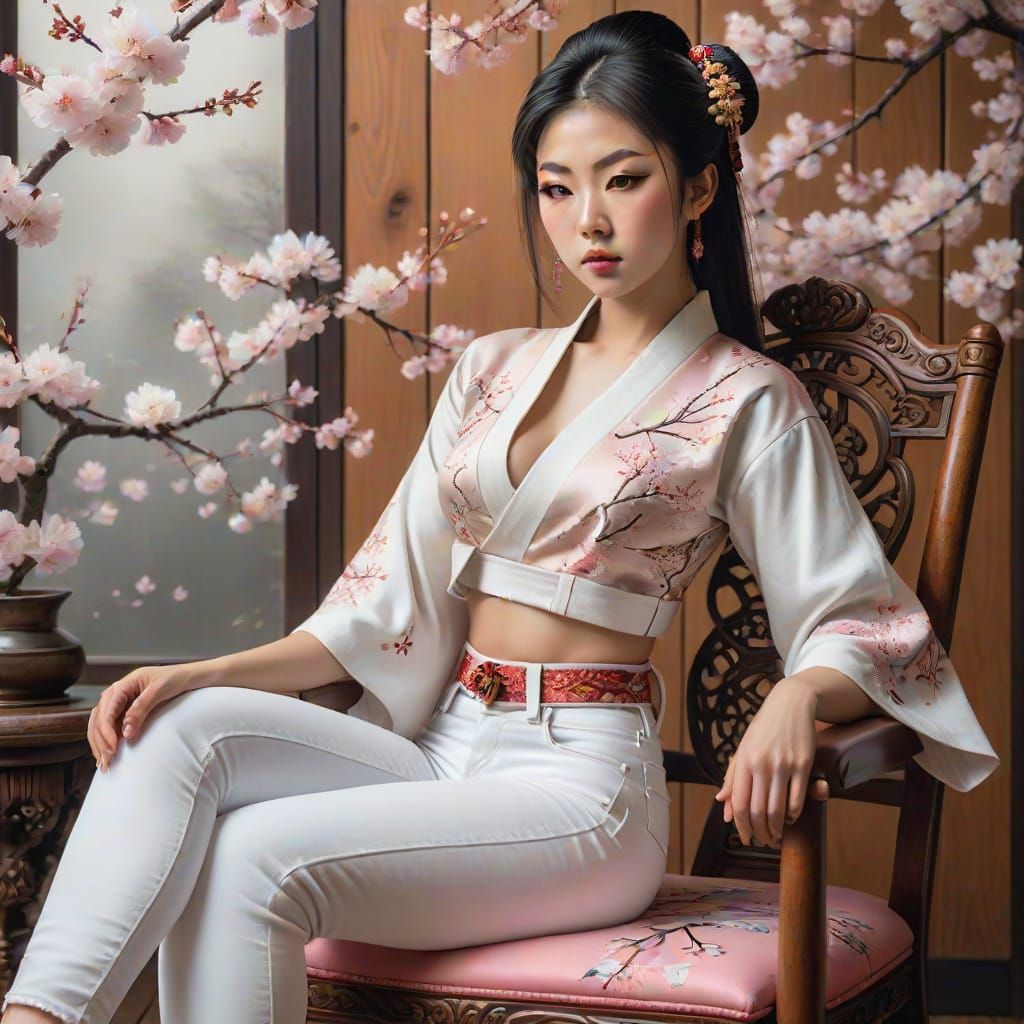 Geisha in Jeans Sitting on Ornate Chair, Vibrant Pastels