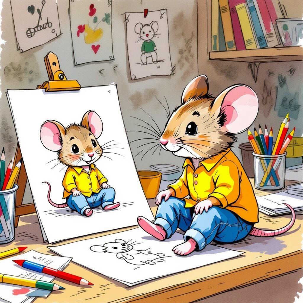 Mouse Gazing at Portrait in Whimsical Style