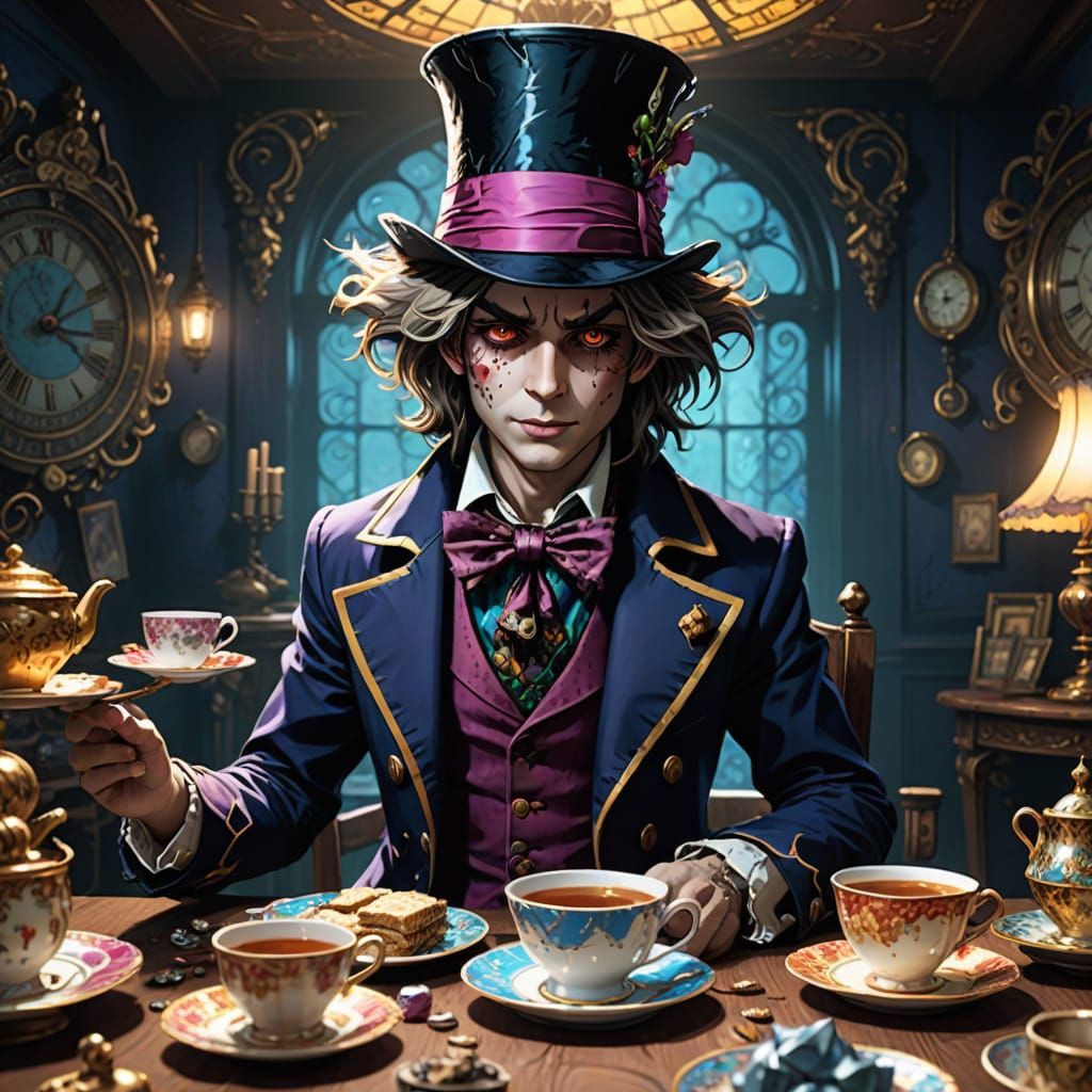 Mad Hatter in a Dark Fantasy Anime Tea Party