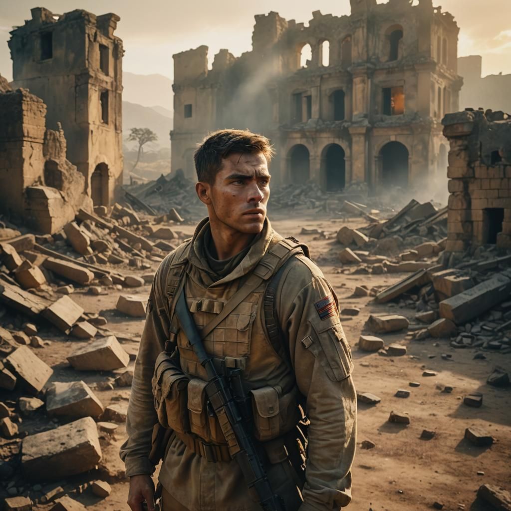 Soldier in War-Torn Landscape at Golden Hour