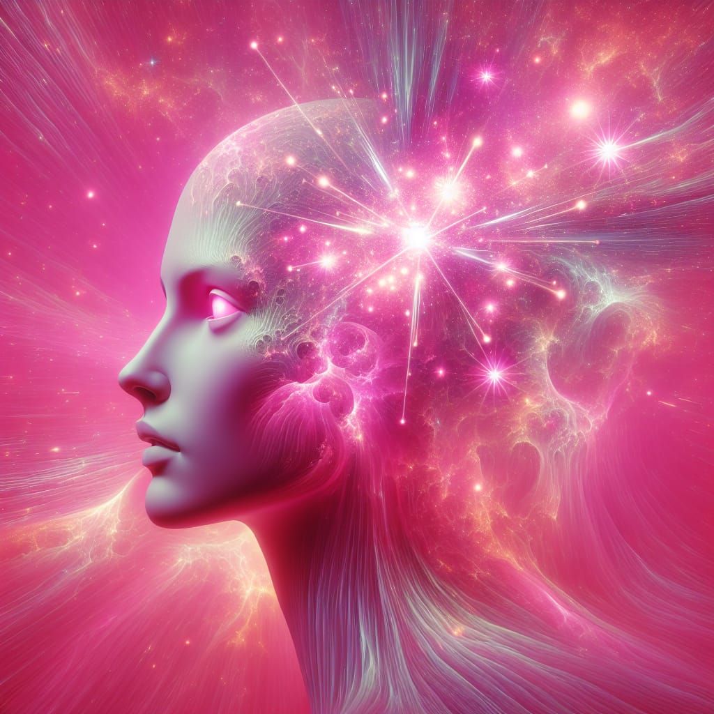 Surreal Pink Portrait with Bursting Stars in Sci-Fi Style