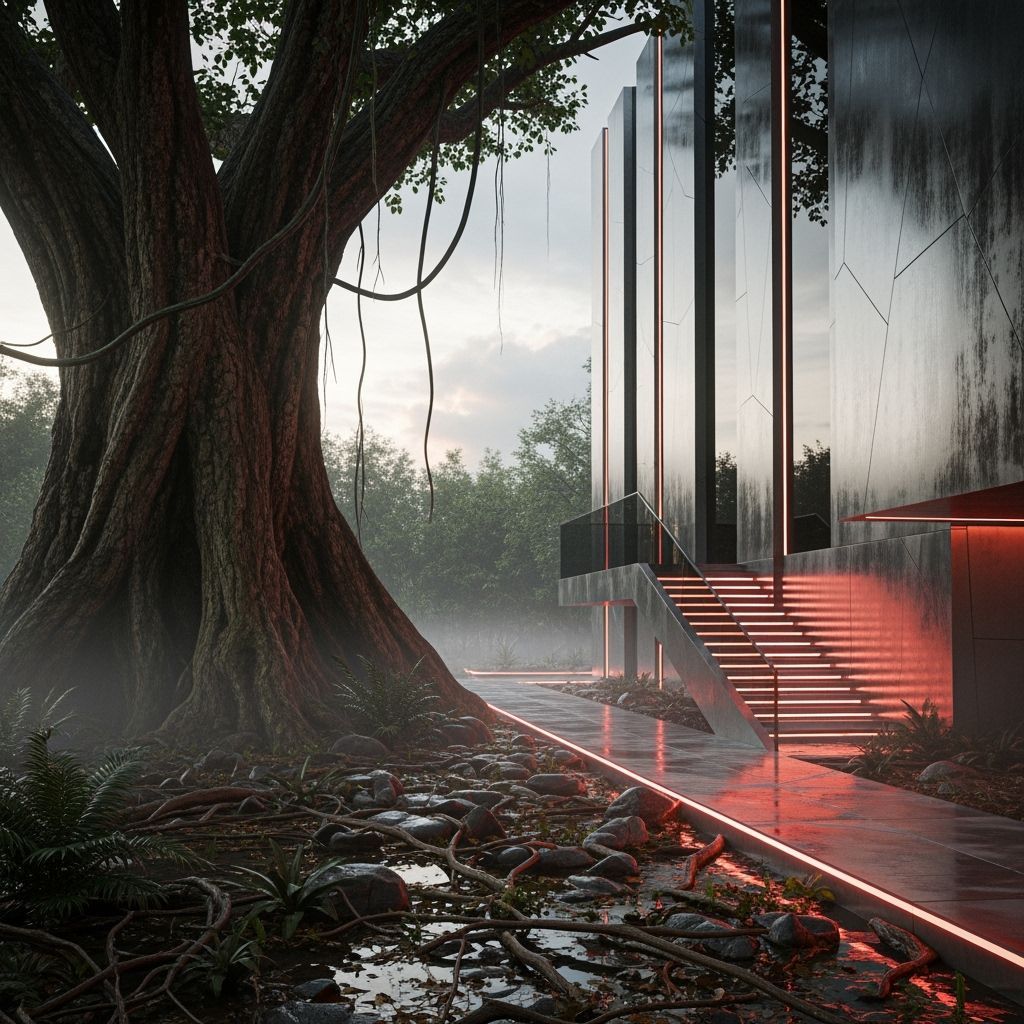 Ancient Tree Meets Futuristic Monolith in Misty Jungle