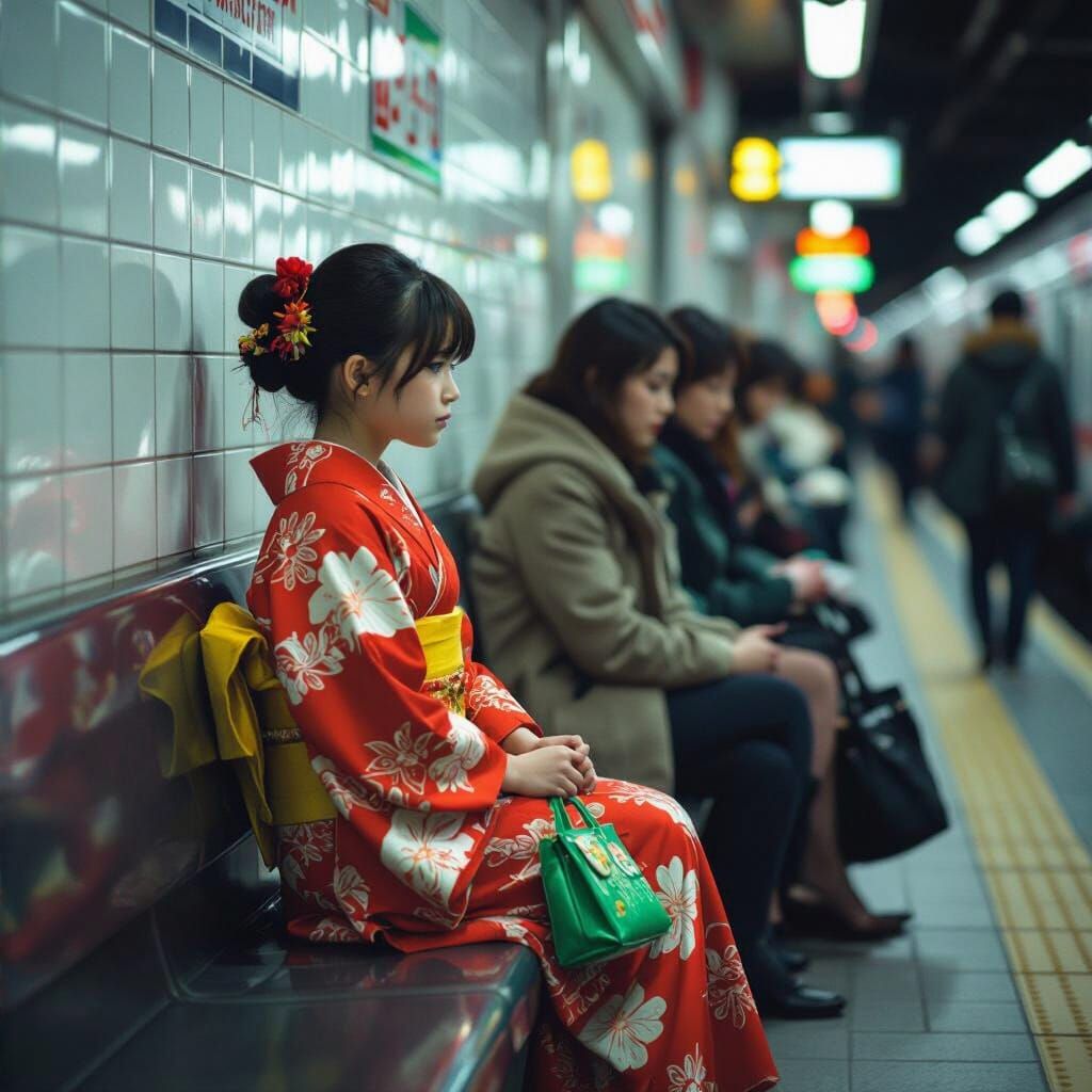 Girl in Red Kimono Waits for Tokyo Train