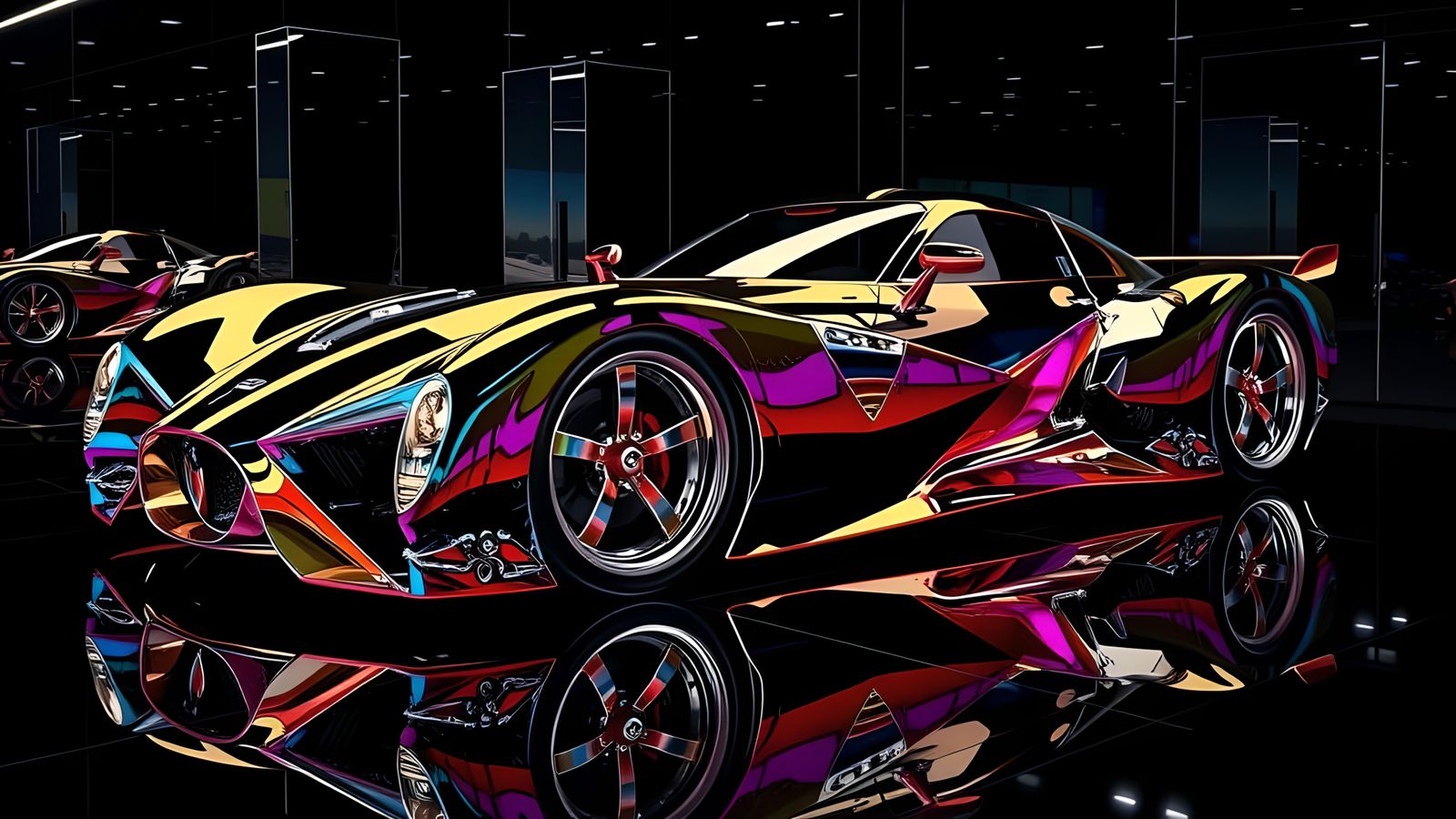 Art Deco Chrome Supercar in Mirrored Room