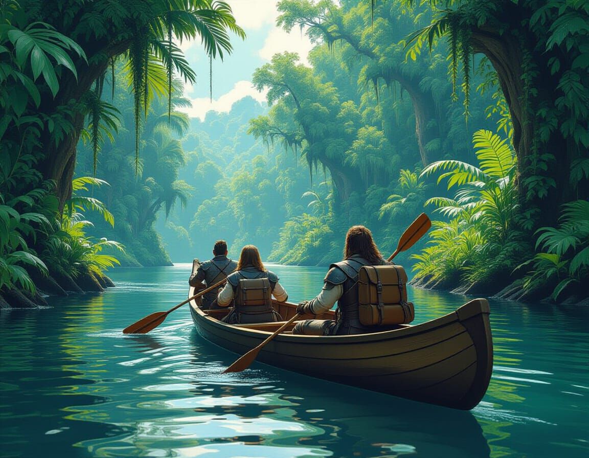 Fantasy Adventurers Canoe Trip Through Lush Jungle