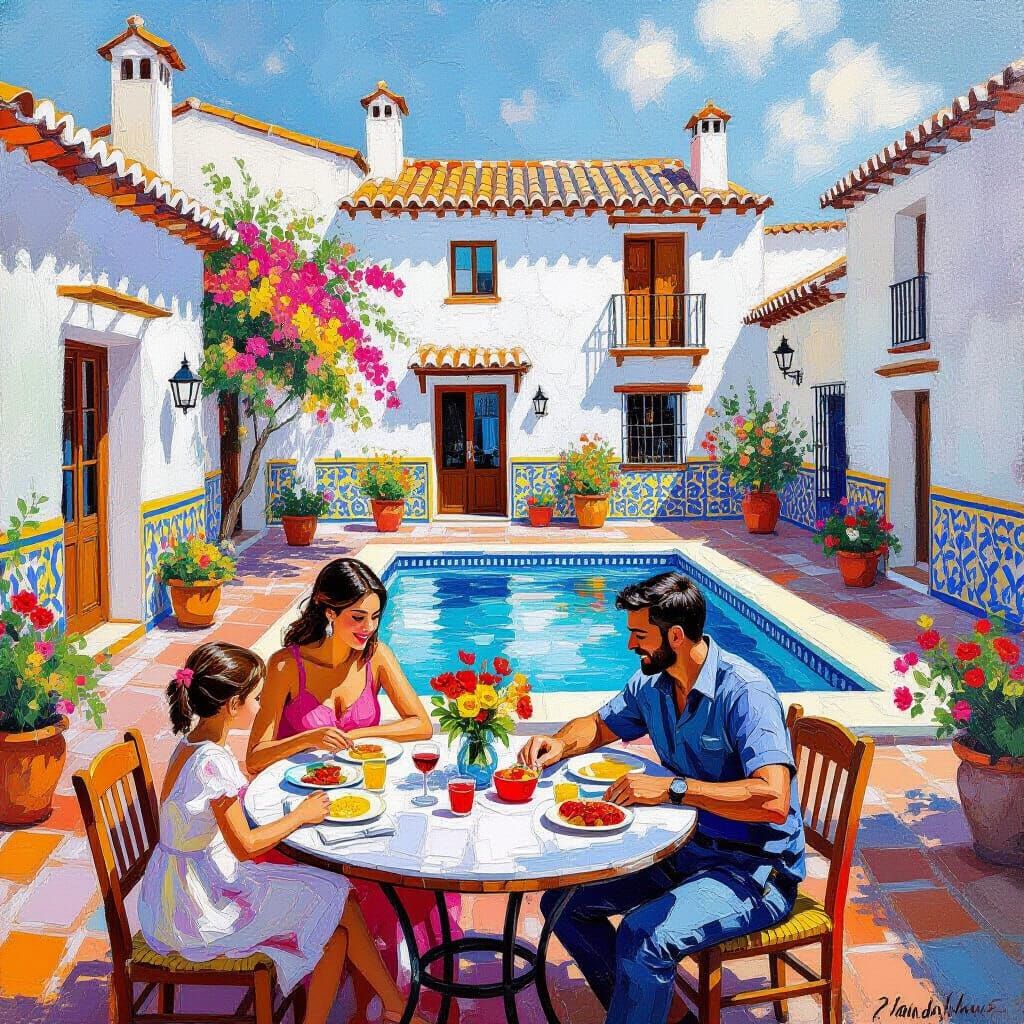 Family in Andalusian Villa, Neo-Impressionist Style