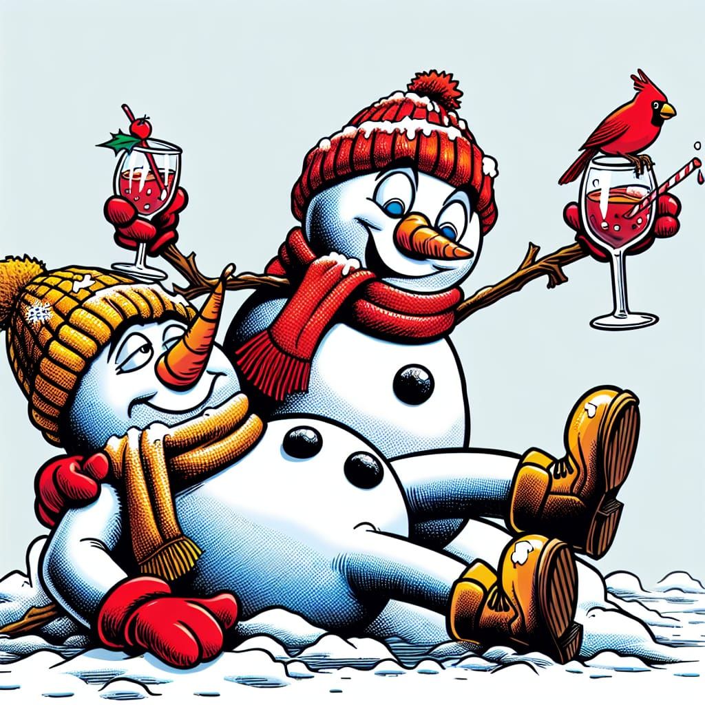 Cartoon Snowmen Enjoy Wine by the Fire