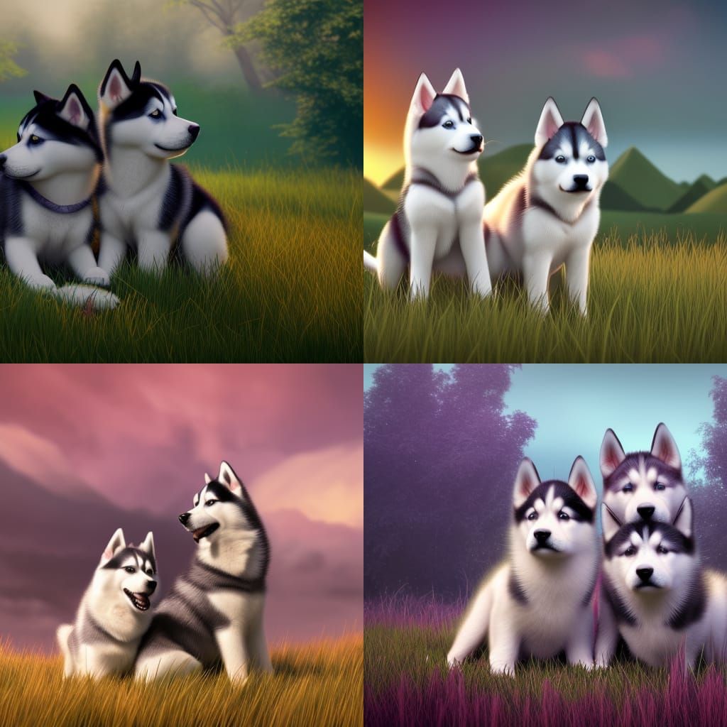 Cute Husky Puppies Cuddling in Field: Detailed Matte Paintin...