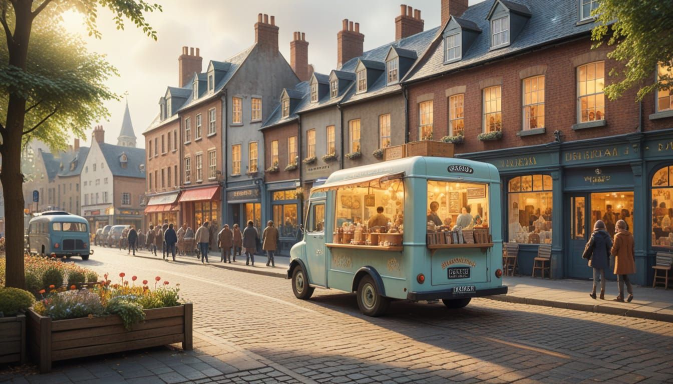 Ice Cream Truck in City Square, Naive Art Style