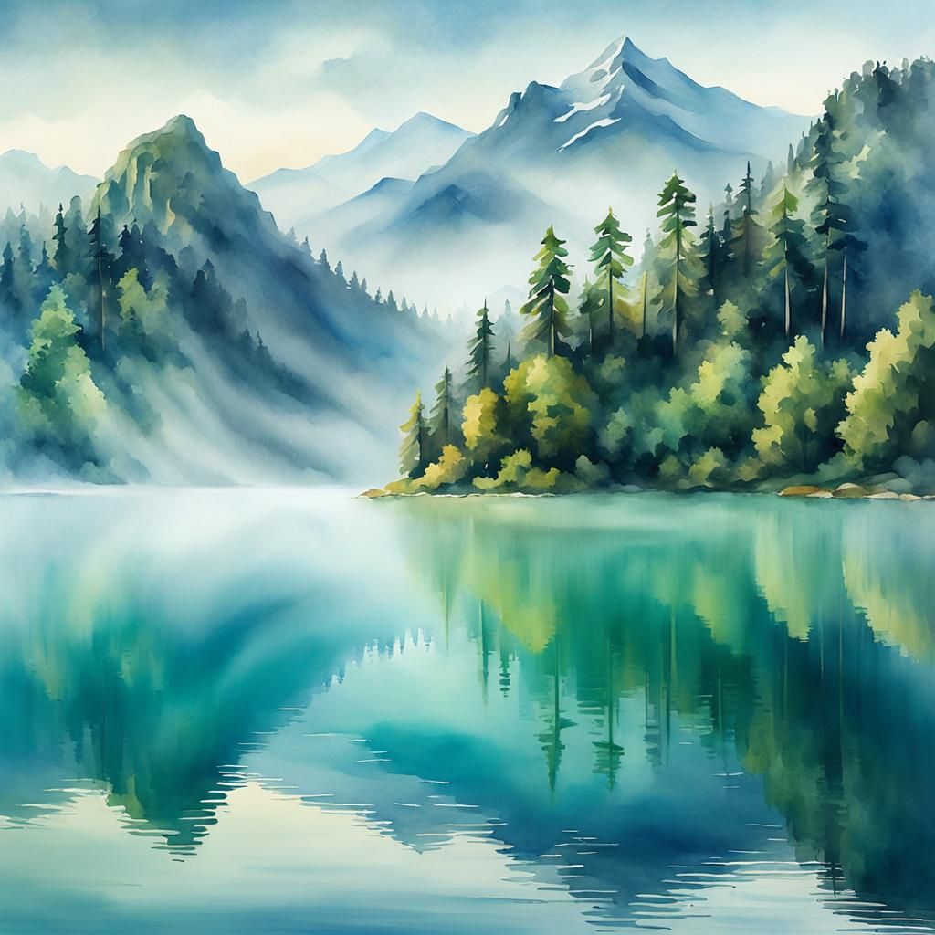 Misty Mountain Lake in Dreamy Watercolor Style