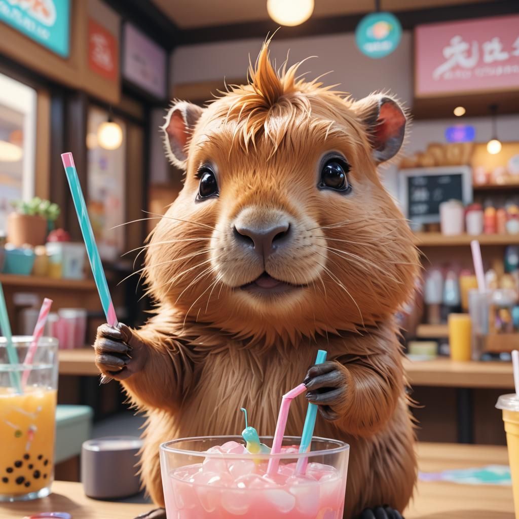 Adorable Capybara Drinks Boba: Chibi Anime 3D Art