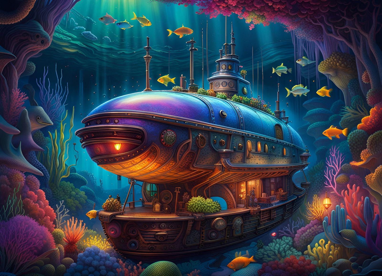 Rainbow Submarine in Ocean Depth, Unreal Engine Art