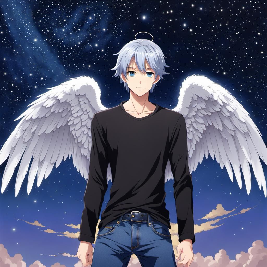 Anime Angel with Gray Hair in Starry Night