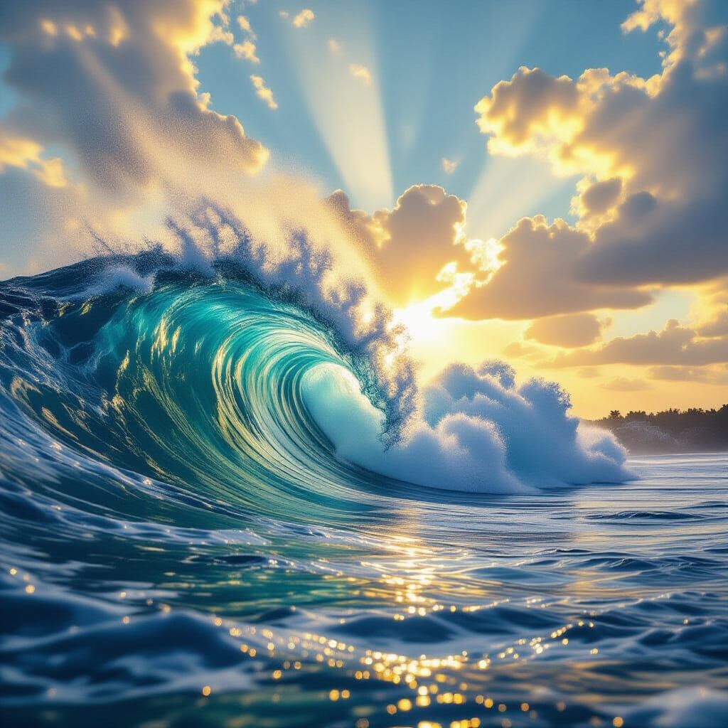 Colossal Tsunami Wave Approaches Coastline Under Divine Sky