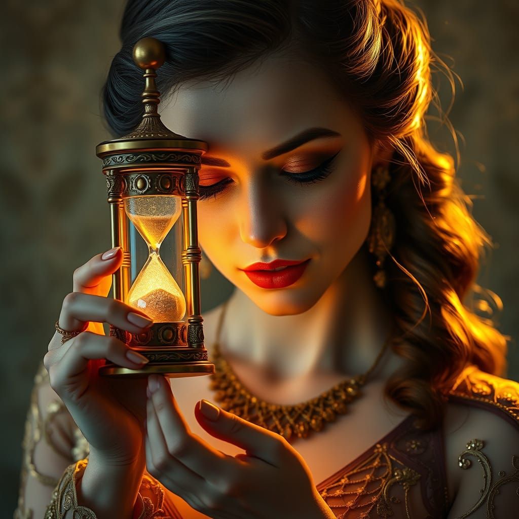 Elegant Woman Amidst Time's Relentless Flow in Art Nouveau S...