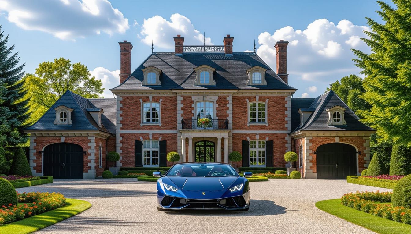 Victorian Chateau with Lamborghini in Summer Garden