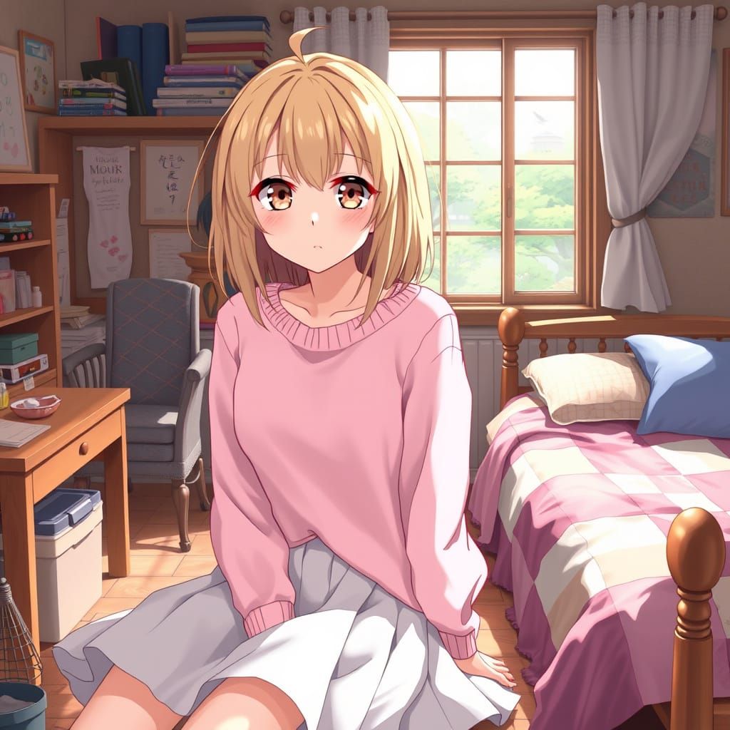 Anime Girl in Cozy Bedroom Scene